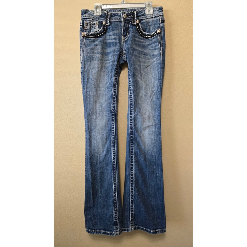 Miss Me Peace Sign Rhinestone Bootcut Jeans JY5091B3 Blue 26